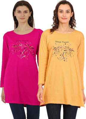 RRAVAYKI Printed Women Round Neck Pink, Beige T-Shirt