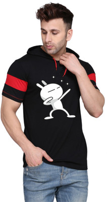 SLOWLORIS Printed Men Hooded Neck Black, Red T-Shirt