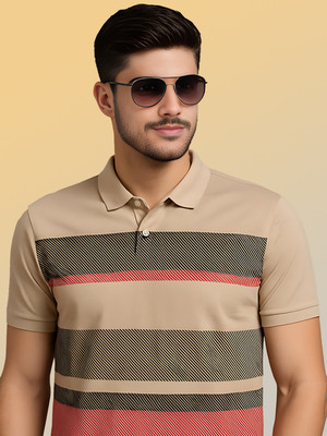 SINDHIGARMENT Striped Men Polo Neck Beige T-Shirt