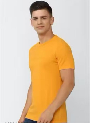At Last Fashion Solid Men Round Neck Yellow T-Shirt