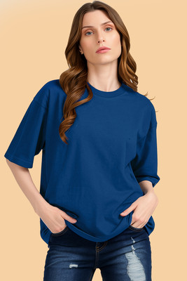 ALONE EAGLE Solid Women Round Neck Dark Blue T-Shirt