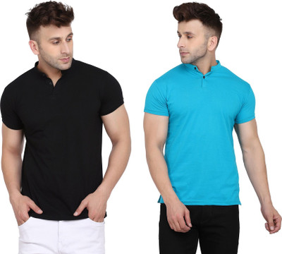 Blisstone Solid Men Mandarin Collar Light Blue, Black T-Shirt