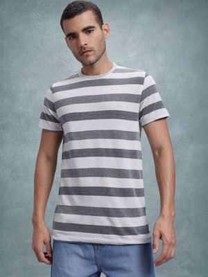 Roadster Striped Men Round Neck Grey T-Shirt