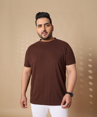 big bella Solid Men Round Neck Brown T-Shirt