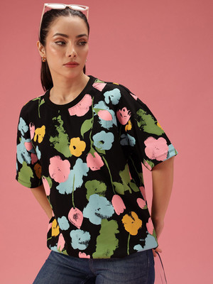 Dressberry Printed Women Round Neck Black T-Shirt
