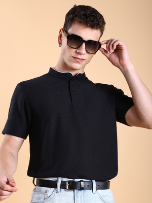 HIGHLANDER Printed Men Polo Neck Black T-Shirt