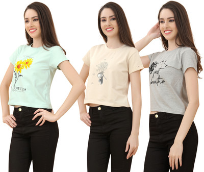 Rareleaf Printed Women Round Neck Beige, Grey, Light Green T-Shirt