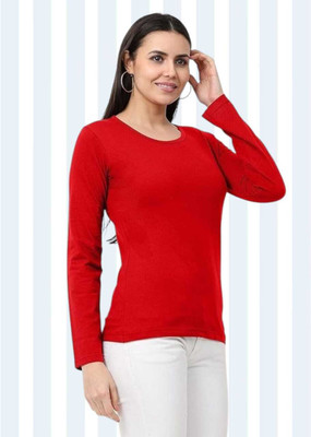 PD CLORI Solid Women Round Neck Red T-Shirt