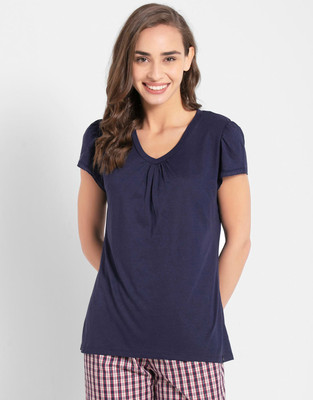 JOCKEY Solid Women V Neck Dark Blue T-Shirt