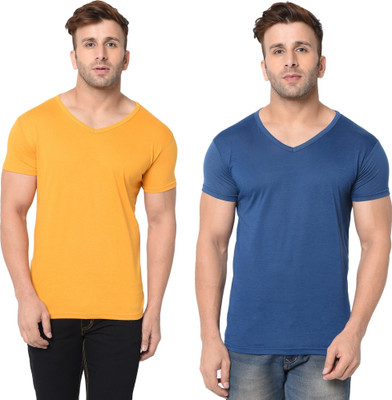Tresna Trending Solid Men V Neck Dark Blue, Yellow T-Shirt