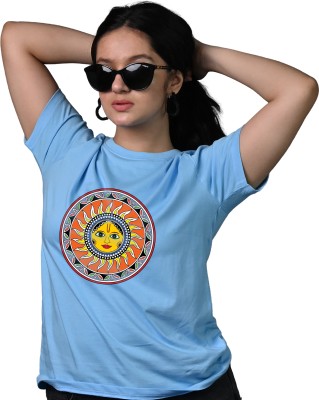 Tedhi Medhi Family Conversational, Printed, Self Design, Graphic Print Women Round Neck Light Blue T-Shirt