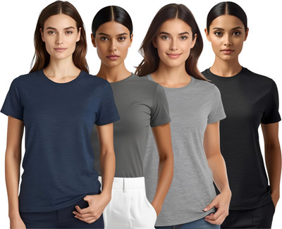 SHARXTRENDS Solid Women Round Neck Navy Blue, Black, Grey, Green T-Shirt