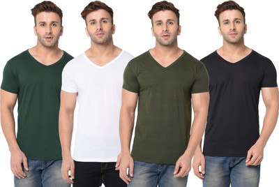 JB Jagoboy Solid Men V Neck Dark Green, White, Black T-Shirt