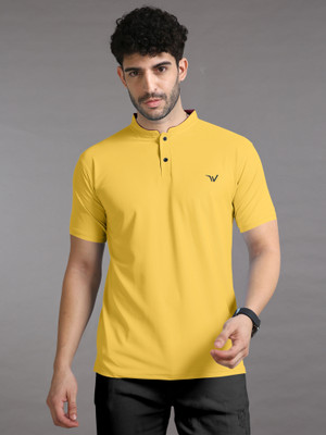 Growwax Solid Men Mandarin Collar Yellow T-Shirt