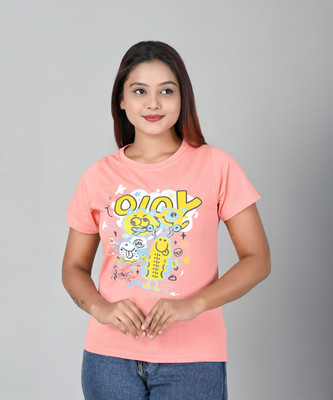 Fashav Printed Women Round Neck Pink T-Shirt