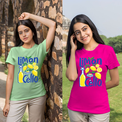 Lecowar Graphic Print Women Round Neck Green, Pink T-Shirt
