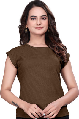 Dholakiya Empire Vibe LLP Self Design Women Round Neck Brown T-Shirt