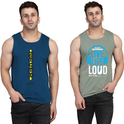 SLOWLORIS Printed, Colorblock Men Round Neck Light Green, Dark Blue T-Shirt