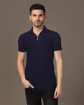 Blisstone Solid Men Polo Neck Navy Blue T-Shirt