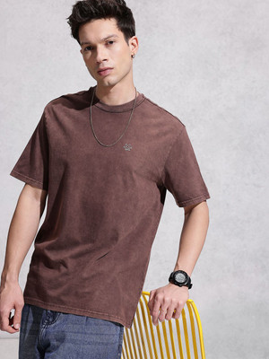 WROGN Solid Men Round Neck Brown T-Shirt