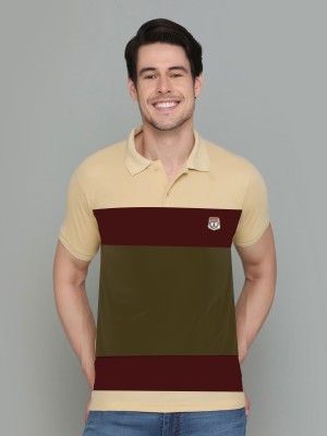 Purple Square Embroidered Men Polo Neck Beige T-Shirt