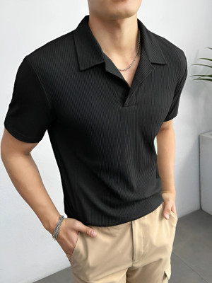 FATICHAR Solid Men Polo Neck Black T-Shirt