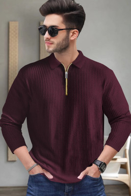 HOODLER Solid Men Polo Neck Maroon T-Shirt