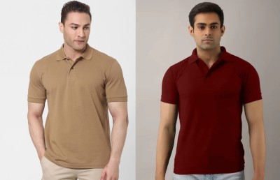 Silver Swan Solid Men Polo Neck Beige, Maroon T-Shirt