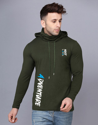 SLOWLORIS Solid Men Hooded Neck Dark Green T-Shirt