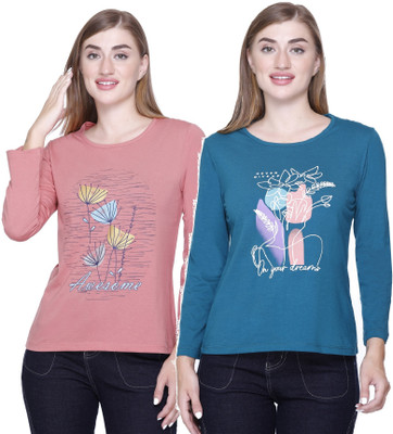 Star Touch Graphic Print Women Round Neck Blue, Pink T-Shirt