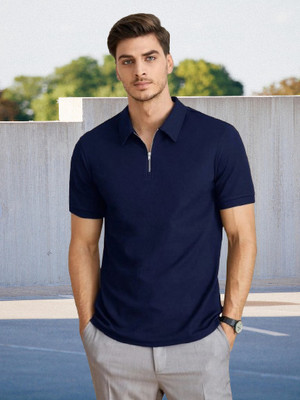 Dark Drive Solid Men Polo Neck Navy Blue T-Shirt