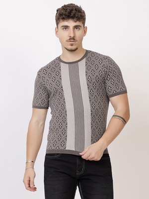 Aedenburg Self Design Men Round Neck Grey T-Shirt
