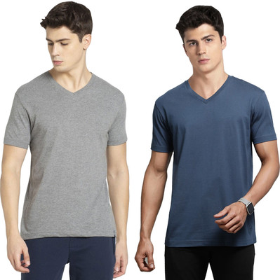JOCKEY Solid Men V Neck Grey, Dark Blue T-Shirt