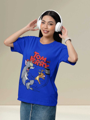 Clori Printed Women Round Neck Blue T-Shirt