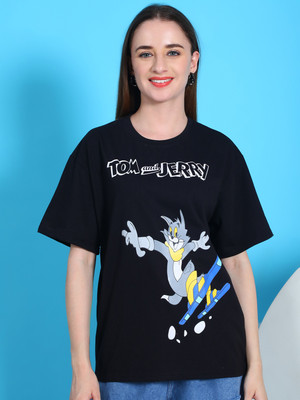 DreamBe Cartoon Women Round Neck Black T-Shirt