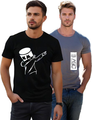 HOC Printed Men Round Neck Black, Grey T-Shirt