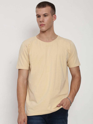 SHOWOFFFF Solid Men Round Neck Beige T-Shirt