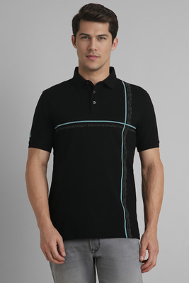 Simon Carter London Striped Men Polo Neck Black T-Shirt