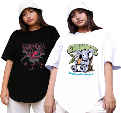 RS FASHION Printed Women Round Neck Black, White T-Shirt