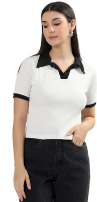 Glam Valley Solid Women Polo Neck White T-Shirt