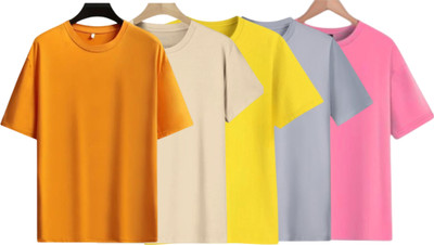 lalita creation Solid Men Round Neck Orange, Beige, Yellow, Silver, Pink T-Shirt