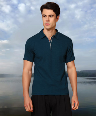 METRONAUT Solid Men Polo Neck Blue T-Shirt