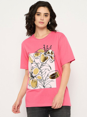 Mast & Harbour Printed Women Round Neck Pink T-Shirt
