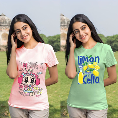 Kintu Parantu Printed Women Round Neck Pink, Green T-Shirt
