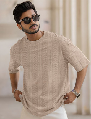 Force Self Design Men Round Neck Beige T-Shirt