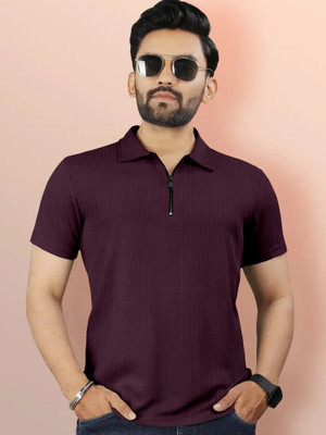 MENTIFIC Solid Men Polo Neck Purple T-Shirt