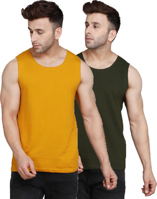 SLOWLORIS Solid Men Scoop Neck Green, Yellow T-Shirt