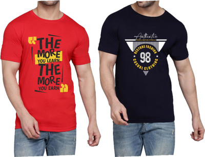 WOOSTRO Printed Men Round Neck Red, Dark Blue T-Shirt