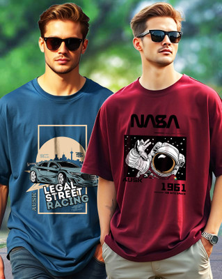 AOOSH Graphic Print Men Round Neck Dark Blue, Maroon T-Shirt