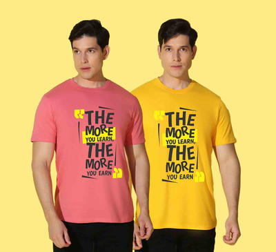 WOOSTRO Printed, Solid Men Crew Neck Pink, Yellow T-Shirt